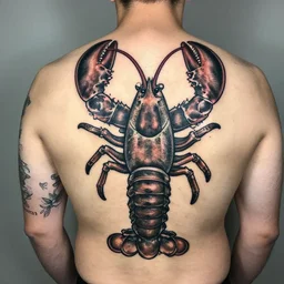a man with a tattoo of a giant lobster on his back, a tattoo by richard mortensen, reddit contest winner, primitivism, tattoo, detailed, intricate