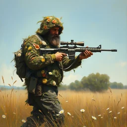 portrait of a sniper in ghillie suit covered with flowers, carrying awp on back, walking in summer field, blue sky, detailed, painting by craig mullins, james jean, caspar david friedrich, oil painting, depression tone, radiant light