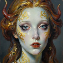 high resolution sharp focus extremely hyperrealistic horrifyingly beautiful 3 / 4 portrait oilpainting of bug lady portrait by michael hussar in style of michael hussar and rene lalique artnouveau ceramic effect gild strips like ali franco's paintings 8 k face closeup