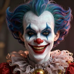 the evil jester smirking, detailed portrait, 3 d, intricate details, by vincent di fate, artgerm, smooth gradients, octane render, 8 k, volumetric lightning, depth of field, coherent face