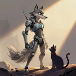 disney cartoon sketch of an anthro cyberpunk wolf and a cat