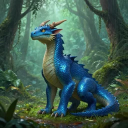 A dragonborn with blue scales in a rainforest, trending on artstation, digital art, high qualtity