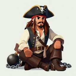 aesthetic digital illustration of a pirate wearing a ball and chain, sitting at n a cot under a barred window
