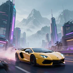 epic digital art of faint tall mountains in background,, photorealistic synthwave lamborghini driving through futuristic glowing tron movie towers, wlop, pixiv