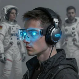 neon cyberpunk programmer with glowing geordi cyclops visor over eyes and sleek headphones headshot desaturated profile!!!! portrait painting by donato giancola, dean cornwall, rhads, tom whalen, alex grey astronaut fashion photography
