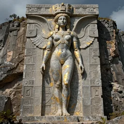 bas - relief beautiful aztec inca angelina joile colossus full body well proportioned pacing to cliffs by eddie mendoza hyperrealism expressive eyes cyborgess symmetrical very very detailed giger beksinski grey and gold