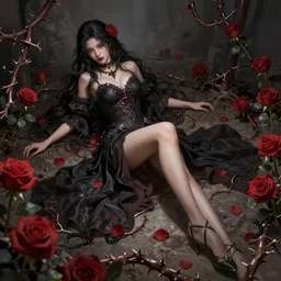 fantasy female dark witch sensual surrounded by roses and thorns, wide angle view, highly detailed, qichao wang, artgerm, cushart krenz, hyperrealistic zeronis, trending on artstation, soft light, sharp edges, illustration, character design, concept art