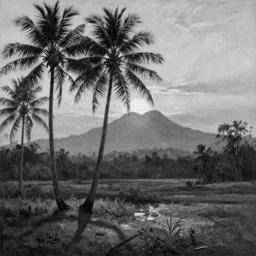 oil painting of a sri lankan landscape at sunset, coconut trees in the foreground, mountain sunset in the background, volumetric lighting, volumetric shadows, realistic oil painting by gustave dore, black an white - h 6 4 0,