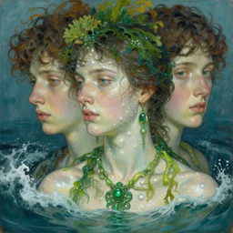 hyperrealist portrait, half body pearl skin, algae green jewelry submerge in a ocean waves at, wet by lucian freud and victo ngai and alphonse mucha very detailed faces