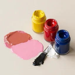 pink palette burnt umber oil paint + cadmium yellow oil paint + alizarin crimson oil paint + ultramarine blue oil paint + ivory black oil paint + titanium white oil paint + neutral color background, micro detail, 8 k, product photography