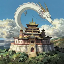 a palace on a mountain, a white dragon flying in the sky, miyazaki's animated film, ghibli studio,