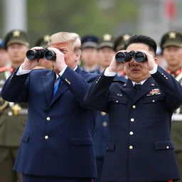 donald trump and kim jong un using binoculars, at a military parade