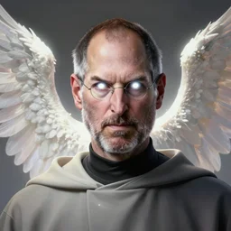 portrait of steve jobs, white glowing eyes, silver shaggy hair, cloak, ethereal wings, male, fantasy, extremely detailed, digital painting, artstation, concept art, smooth, sharp focus, illustration, stunning lighting, art by artgerm and alphonse mucha and simon stalenhag, realistic character concept, high fantasy, light atmosphere, golden ratio, cinematic lighting