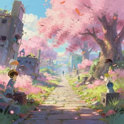 a dreamy otherworldly 3 d render of stone pathway through post - apocalyptic abandoned city, studio ghibli, pixar and disney exploded - view drawing, sharp, disney octane render splatter paint vray by shinji kimura and alphonse mucha and alena aenami, maximalist pastel color palette, ( ( bloom ) ), dramatic lighting