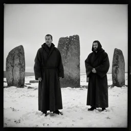 a tintype photograph of tall dark robed human figures stand among the neolithic standing stones, black and white, grainy, snow, highly detailed, cinematic lighting, 8 k, hd
