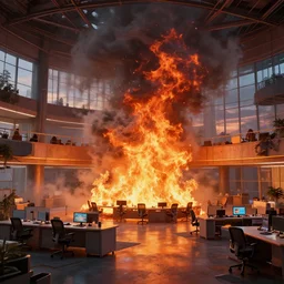 a beautiful hyperrealistic detailed 3D render of a burning office interior, by Anton Otto Fischer, Atey Ghailan, genzoman, unreal engine, octane render, gigantic, 3D, brilliantly coloured, intricate, ultra wide angle, trending on artstation, embers, smoke, dust, dusk, volumetric lighting, HDR, polished, micro details, ray tracing, 8k