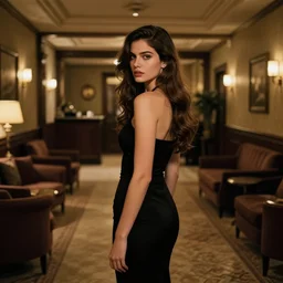 style artgerm, dean cornwell, ellen jewett : : dimly lit hotel lobby : : lobby of a hotel, furniture, walls, floors, lobby furniture : : beautiful woman, black dress, very long wavy brown hair : : detailed, cinematic lighting