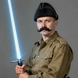 portrait photo of russian man in khaki military tunic wearing black papakha wool hat with black moustache and shaved chin, holding a lightsaber, handsome, highly detailed, digital painting, artstation, concept art, smooth, sharp focus, illustration, art by gaston bussiere and alphonse mucha