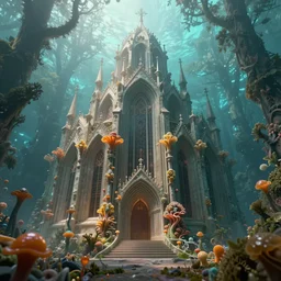 mycelium growing into a cathedral in magical forest, 3 d render in octane, glossy, fractals, beautiful lighting, fog, depth, under water, ernst haeckel