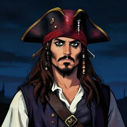 portrait of pirate, night sky background, coherent! by brom, deep color, strong line, high contrast
