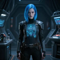 in the style of star wars, charlie bowater : : pale woman young hologram blue hair : : dark futuristic lab