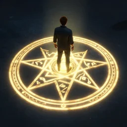 man stands on a glowing pentagram ban circle, artstation