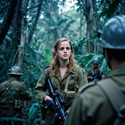 film still, extreme far view, emma watson, jungle, vietnam war soldier, apocalypse now, associated press, 2 6 mm, kodak ektachrome, blue tint expired film,