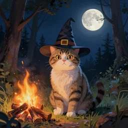 cat wearing a wizard hat in a forest at night in front of a campfire under a full moon, painted