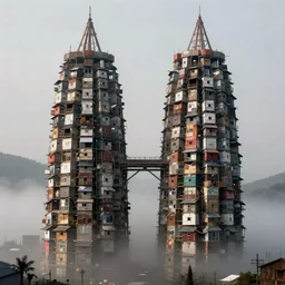 two giant towers, made up of makeshift squatter shacks, misty, dystopia, mamiya rb 6 7, fully frontal view, very detailed, studio lighting, photographed by ansel adams