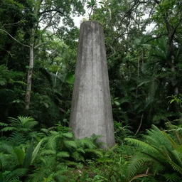 Realistic abandoned concrete monument, overgrown rainforest plants and trees, overcast, long shot, Sigma 100mm