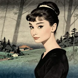 audrey hepburn as maiko in the style of modern Ukiyo-e art, super detailed, Shimura TATSUMI, bijin-ga