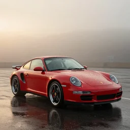 parked red Porsche 911 Turbo car, fog, rain, volumetric lighting, beautiful, golden hour, sharp focus, highly detailed, cgsociety