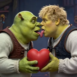 Shrek kissing Boris Johnson with tongue, love, heart land, high detail, realistic, intense, deep love, concept art, 8k, high contrast