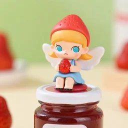 a femo figurine of a cute funny strawberry fairy sitting on top of a jar of strawberry jam