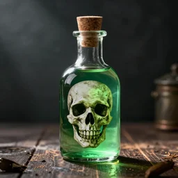 Realistic potion, glass bottle, green glow, skull painting on the front, cork stopper digital art, render, unreal engine