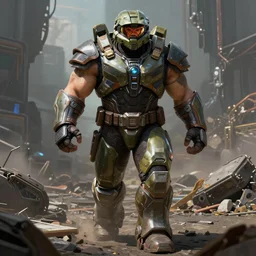 a beefy bulky body builder warrior walking in a cyberpunk wasteland facing the camera, mjolnir armor from halo infinite without a helmet, intricate, female face features, 8K, octane render, Digital painting, concept art, illustration, sharp focus, centered, good value control, realistic shading, rational painting, rubber undersuit