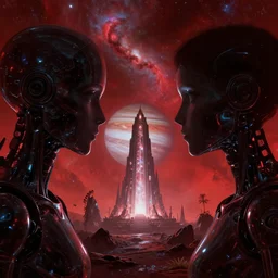 symmetrical extreme closeup portrait silhouette mass effect chrome robot glass astronaut looking at an energy temple on jupiter, jagged rocks, sparse plants, weird, creepy, quiet, red color scheme, andromeda krogan nebula aurora, bioluminance alena aenami artworks in 4 kby gustave darrow, moebius!! dan mumford thomas kinkade