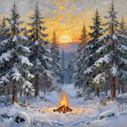 surreal trippy coniferous forest taiga blizzard, very small campfire, extremely detailed oil painting, rhads, sargent and leyendecker, savrasov levitan polenov, bruce pennington, studio ghibli, tim hildebrandt, digital art, landscape painting, trending on artstation, masterpiece, golden hour