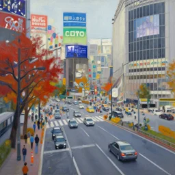 an edward hopper style painting of a busy road in tokyo shibuya, autumn