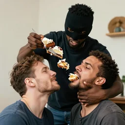 angry black guy wearing ski mask throws slice of cake on a man's face