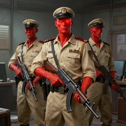 glowing red skin undead security officers in vintage beige uniforms and visors holding submachine guns in a brutalist office setting trending on artstation digital painting 4 k sharp detail clear accurate high quality