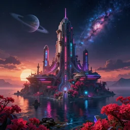 building by owen d. pomery, synthwave at night cosmic architecture island alien sunset atlantis neon signs at dusk universe steampunk darkacademia studio ghibli elysian infrared flowers neon noir wilderness sunlight water hyperrealism tron saturn, archdaily, wallpaper, highly detailed, trending on artstation.