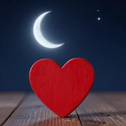 low Polly red heart made of wood, burning beneath a starry nights sky with a bright crescent moon in the background