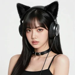 realistic beautiful gorgeous natural cute Blackpink Lalisa Manoban black hair cute fur black cat ears, wearing camisole, wearing headphones, wearing black leather choker artwork drawn full HD 4K highest quality in artstyle by professional artists WLOP, Taejune Kim, Guweiz on Artstation Pixiv