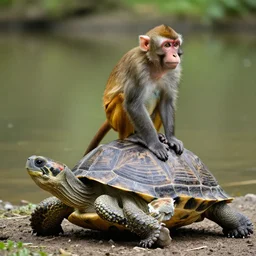 a monkey riding on the back of a turtle