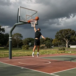 caparezza dunking a basketball, phone photo, outside, small basketball field, daylight, artistic composition, realistic