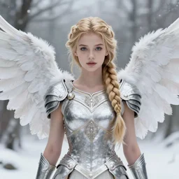 artistic portrait of an innocent valkyrie with white feathered wings, wearing armor, feathered wings, perfect fit body, long blonde braided hair, beautiful eyes and lips, winter setting, art by artgerm and wlop and brom, highly detailed, 8 k, cinematic, mist, digital painting, trending on artstation, concept art, sharp focus, illustration, masterpiece
