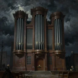 dark fantasy oil painting of a city-size pipe organ at night, dark stormy weather by beksinsky and Goya, fine detail, evil, foreboding, surreal,