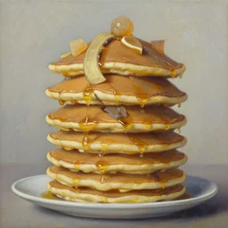 stack of pancakes in the shape of the tower of babel by thomas kinkade, oil on canvas