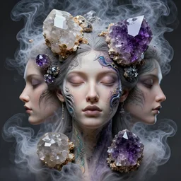 3 d head shot intricate portrait of the face of a beautiful goddess mixed with paint and smoke, intricate, elegant, giant minerals!! quartz and giant amethyst surrounded by smoke and water energy flow. highly detailed. octane render, excellent composition, by wlop, tooth wu, greg rutkowski, beeple, kandinski